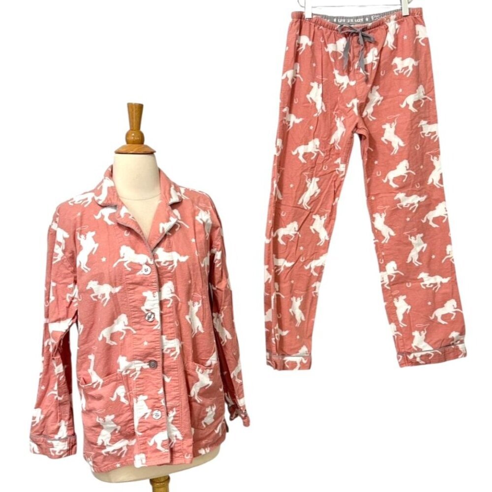 PJ Salvage Flannel Pajama Set Horse Cowboy Rodeo Dusty Rose White Gray Size S